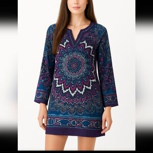 Nicloe Miller Geometric Paisley Purple tunic Shift dress Wrinkle free size 10